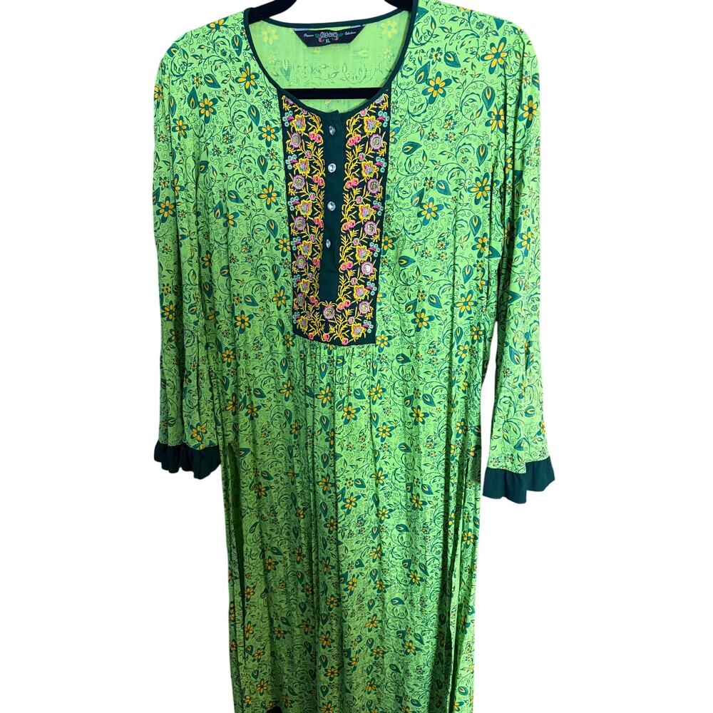 Virgo XL Boho Floral Embroidered Cotton Midi Dress Green Bohemian Festival Indie